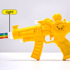 Side profile of the transparent gear toy gun, showcasing its vibrant rainbow lights.
