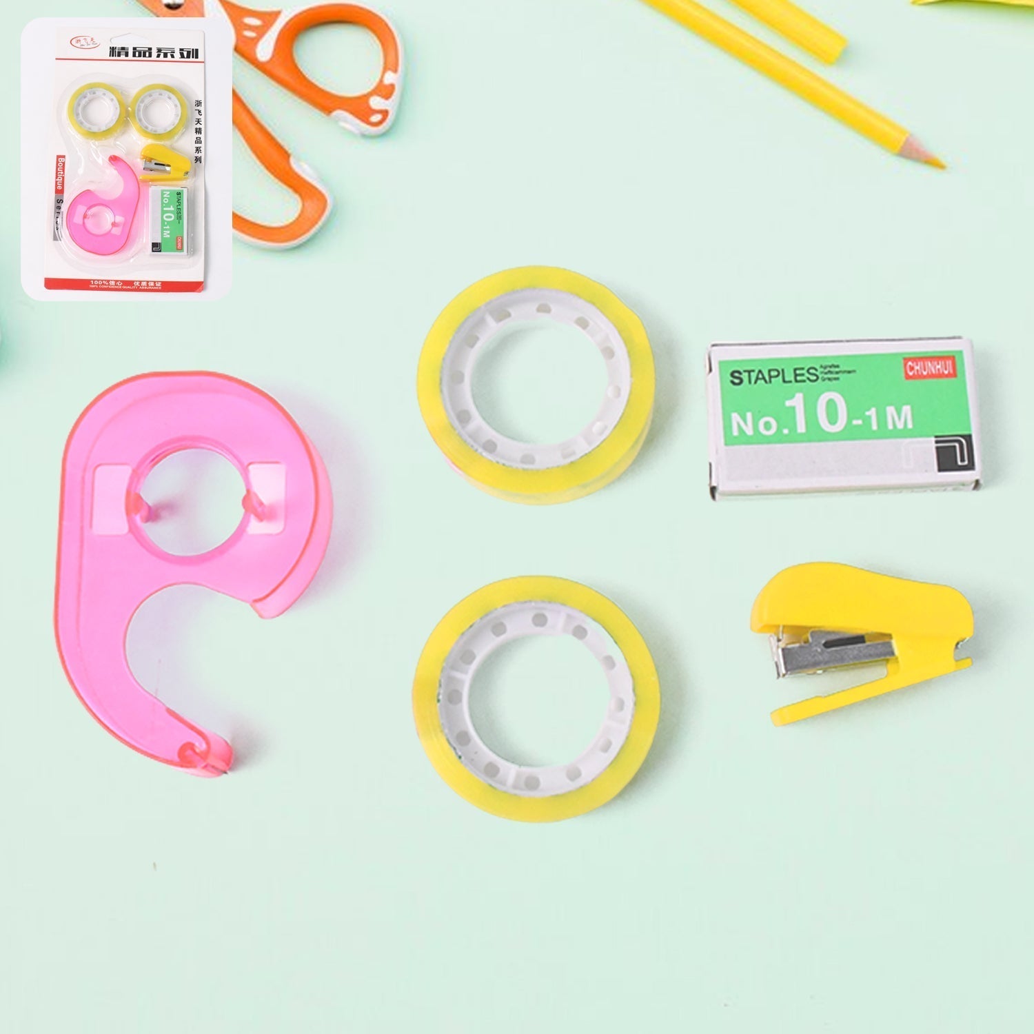 5-in-1 stationery kit tools laid out for school and office use including stapler and tape