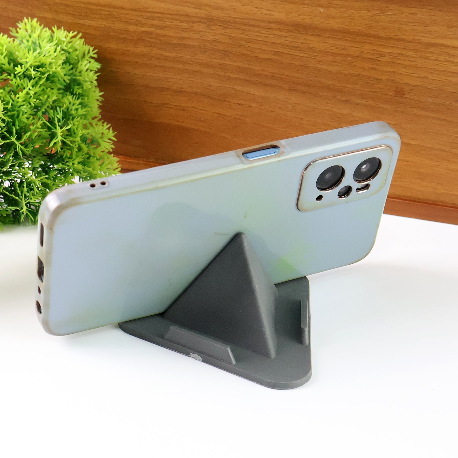 Grey pyramid mobile stand angled view for smartphones