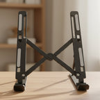 An adjustable tablet stand positioned on an office desk, promoting a comfortable and organized workspace.