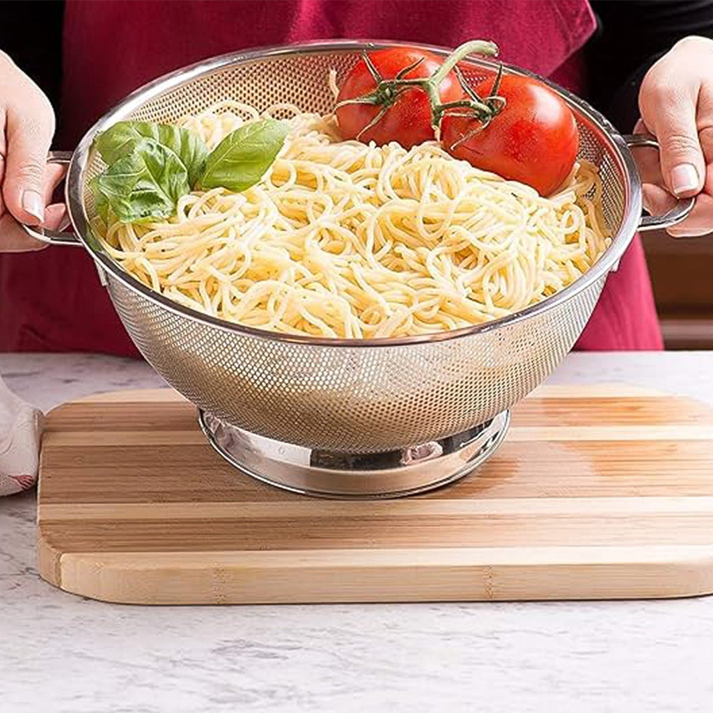 Top view of stainless steel mesh colander showing large capacity with handles