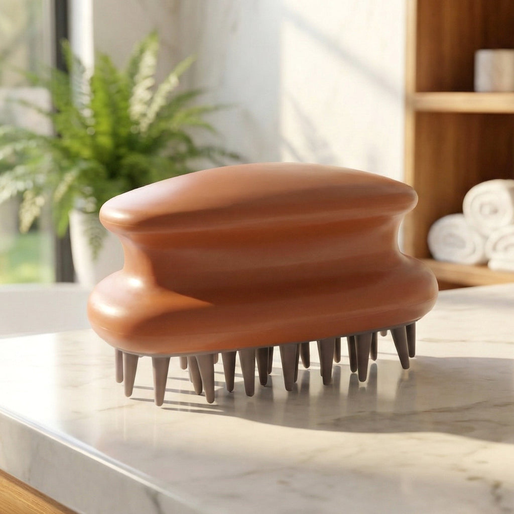 Side profile of scalp shampoo massage brush with soft bristles