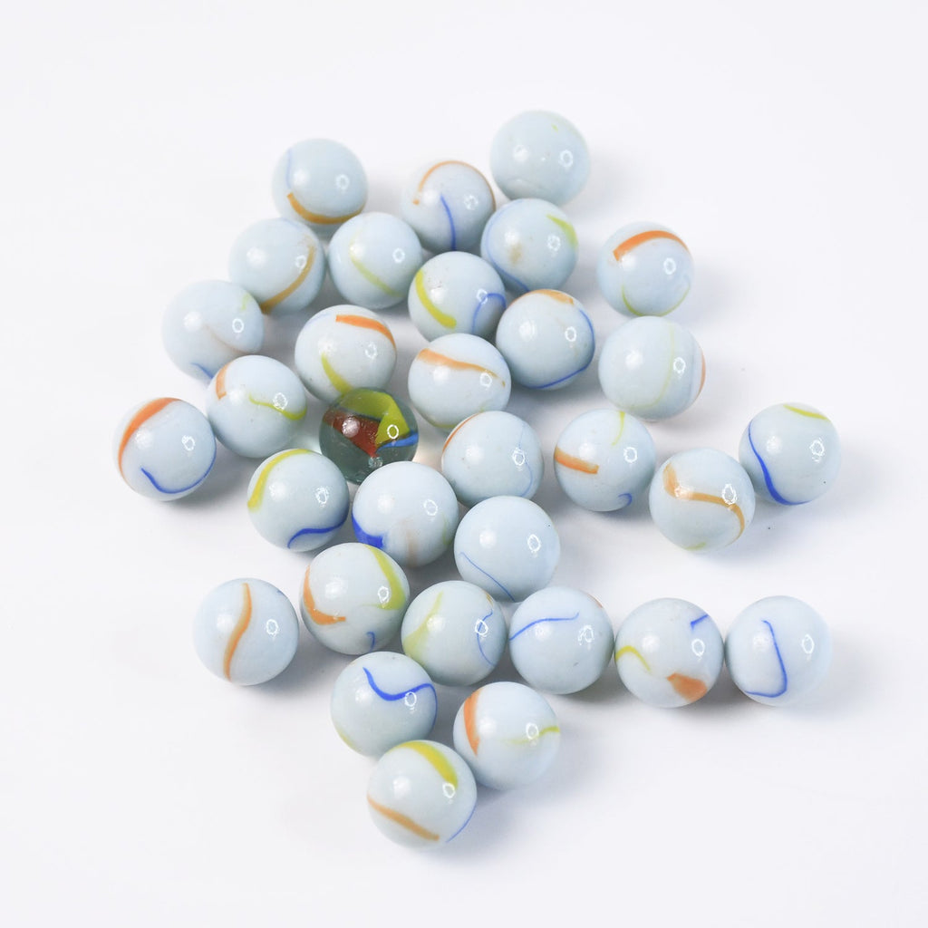 Set of heirloom style white glass marbles with colorful swirls