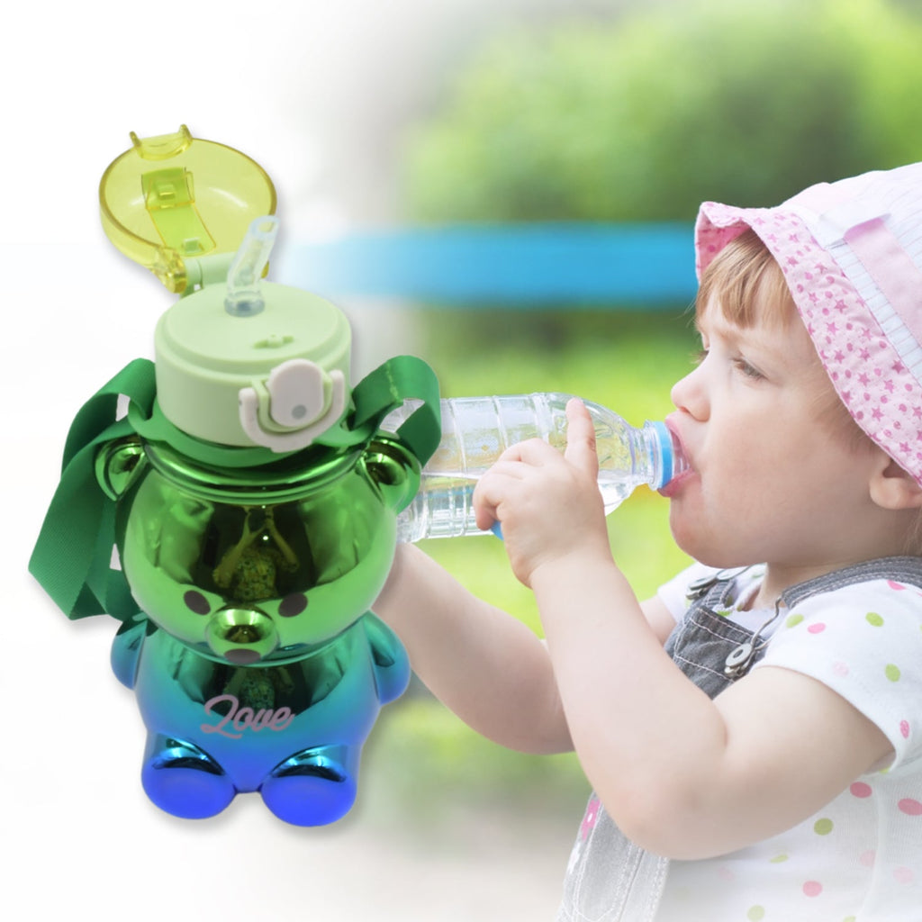 Innovative kids water bottle with a lid that doubles as a phone holder, shown with strap.