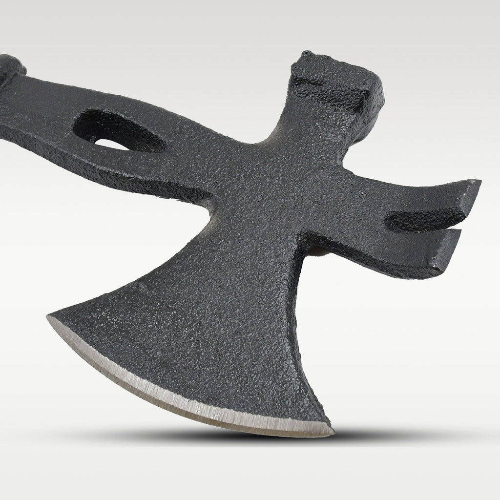 Close-up of the axe head showing integrated nail puller and hammer features.