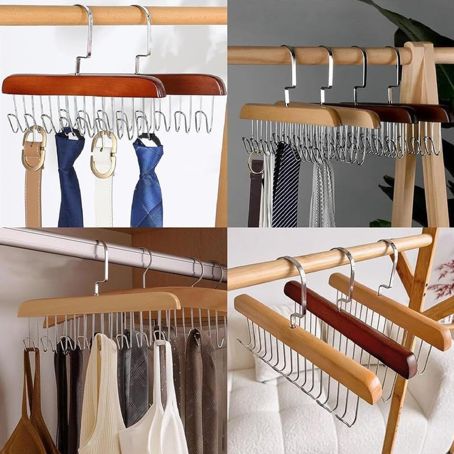 Organivo 8-hook wooden hanger showcasing its 360° rotating hooks for versatile storage.