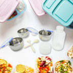 Contents of the lunch box set: three leak-proof stainless steel containers, plastic bottle, spoon, and fork.