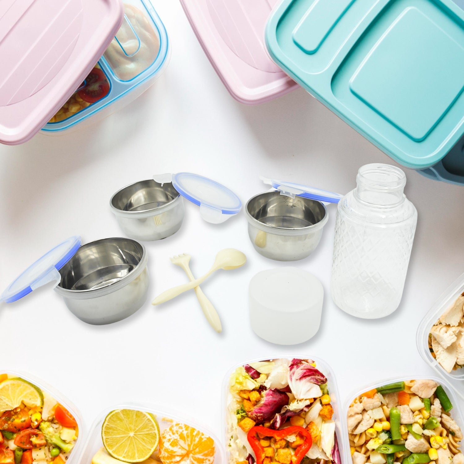Contents of the lunch box set: three leak-proof stainless steel containers, plastic bottle, spoon, and fork.
