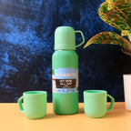 Green vacuum flask set showing secure screw-on lid and durable construction