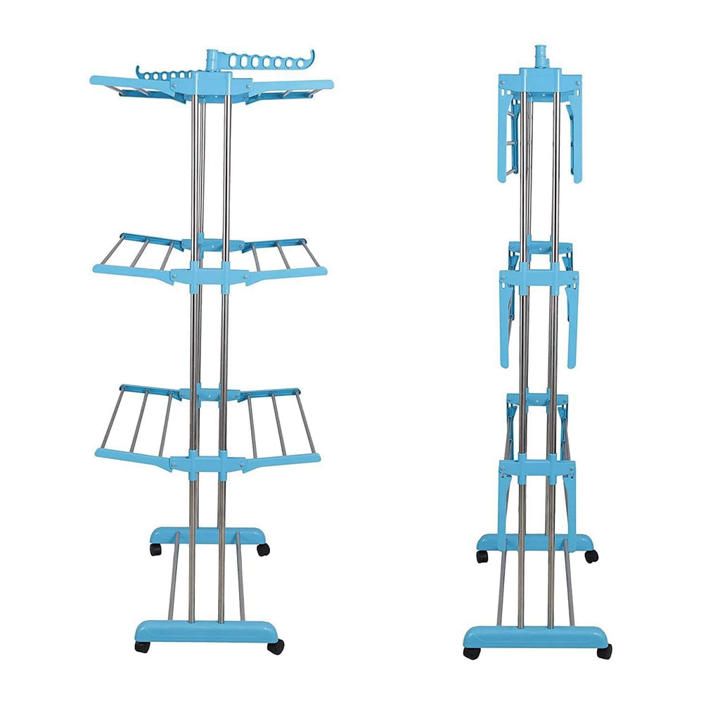 Close-up of the smooth-rolling wheels on the portable clothes drying stand.