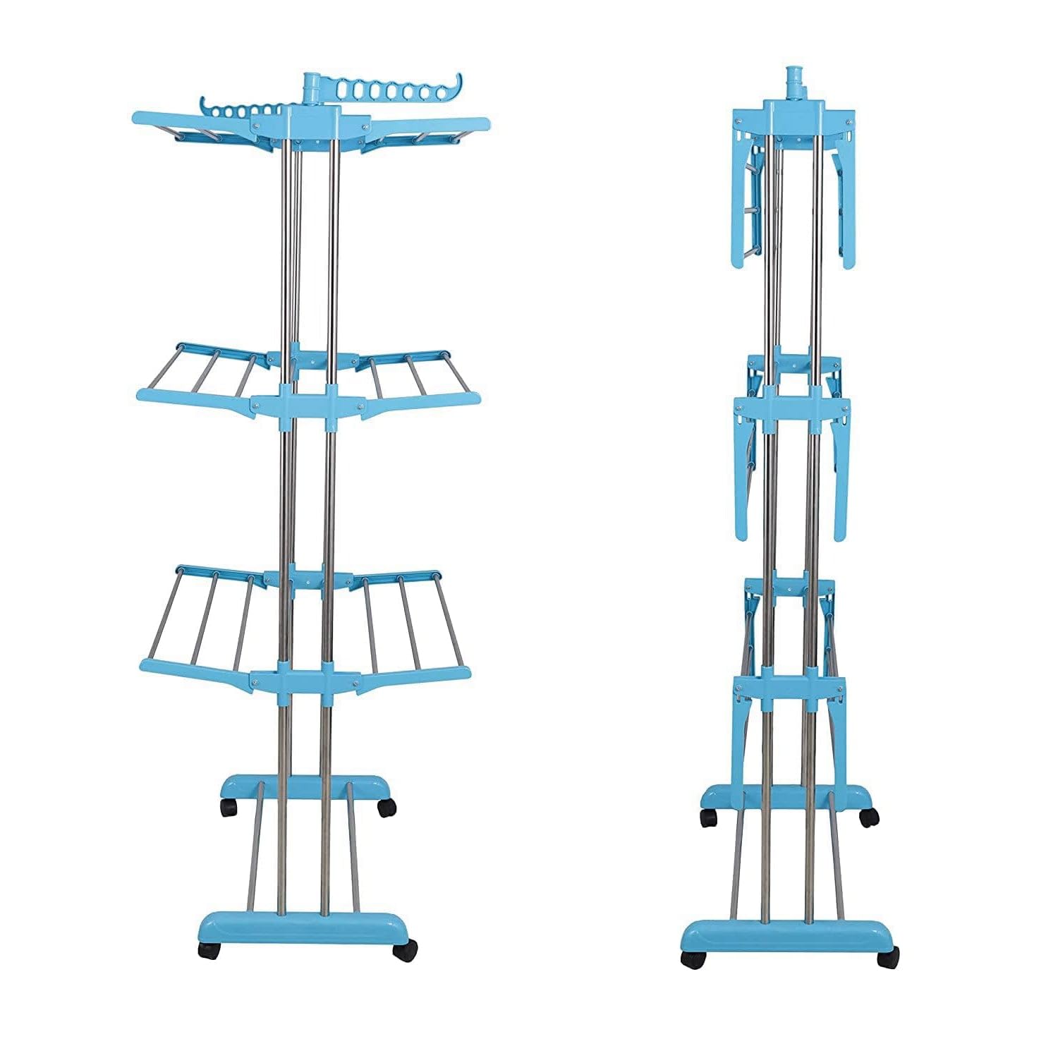 Close-up of the smooth-rolling wheels on the portable clothes drying stand.