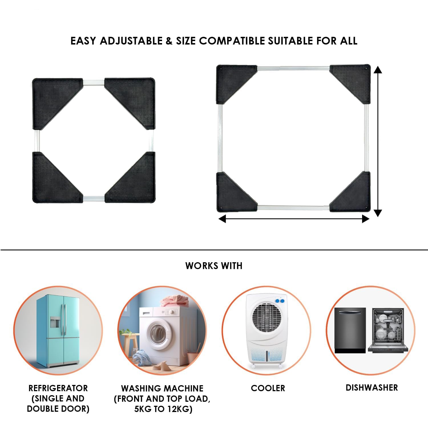Adjustable rods of the appliance stand base trolley for various appliance sizes
