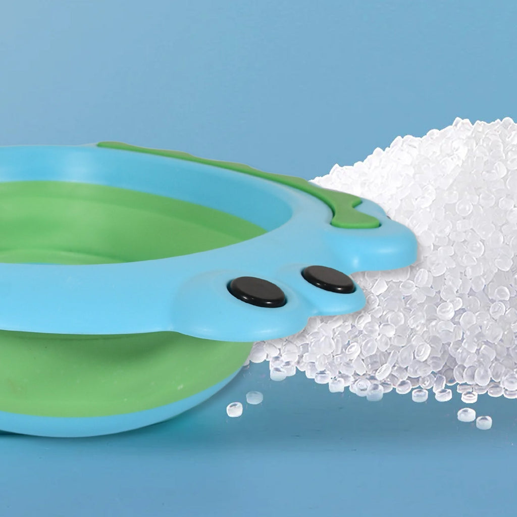 The foldable baby wash basin shown from an angle, highlighting its depth when open.