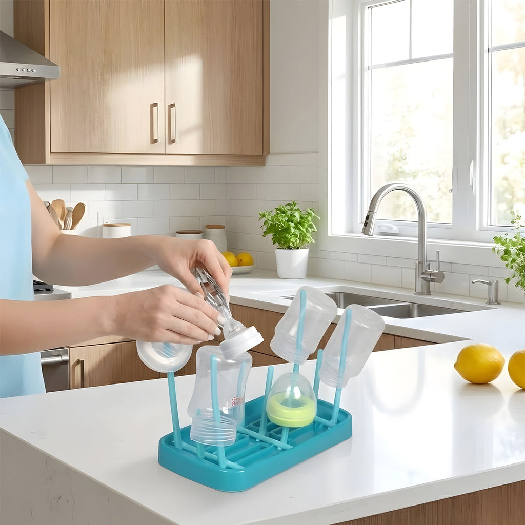 Bottle holder drying rack neatly organizes baby feeding bottles and nipples
