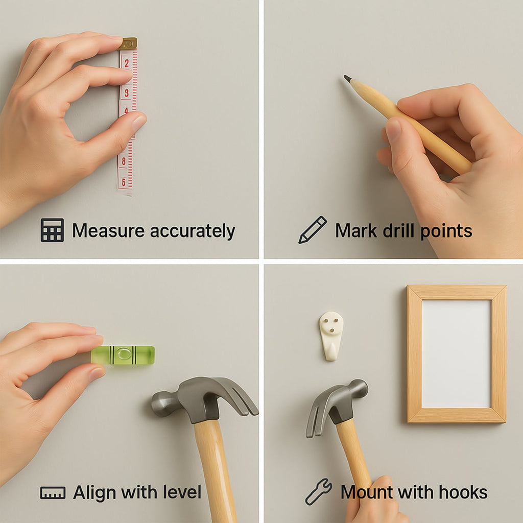Multi-use wall hanging tools in action showing measurement and level