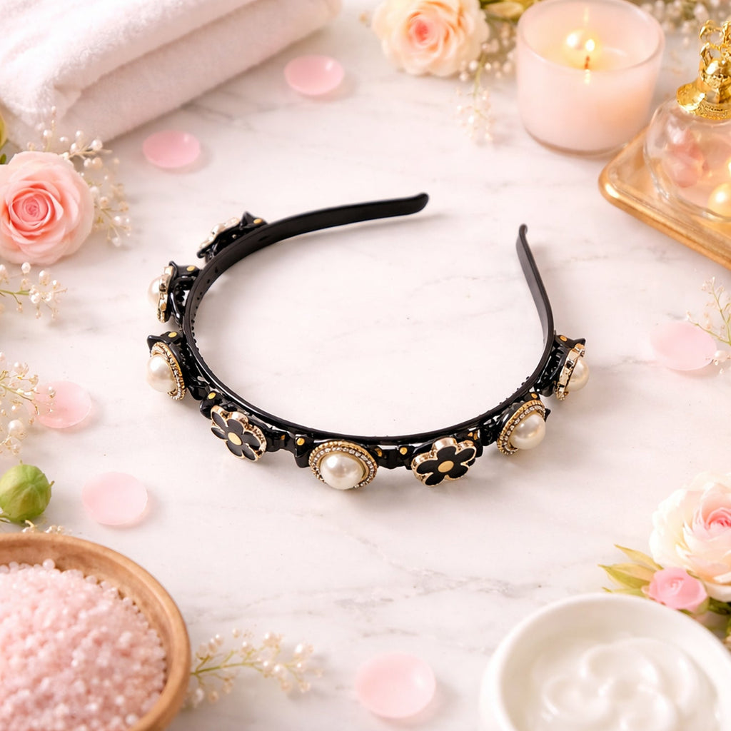 Lightweight, flexible hairband with pearl and flower embellishments