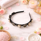 Lightweight, flexible hairband with pearl and flower embellishments