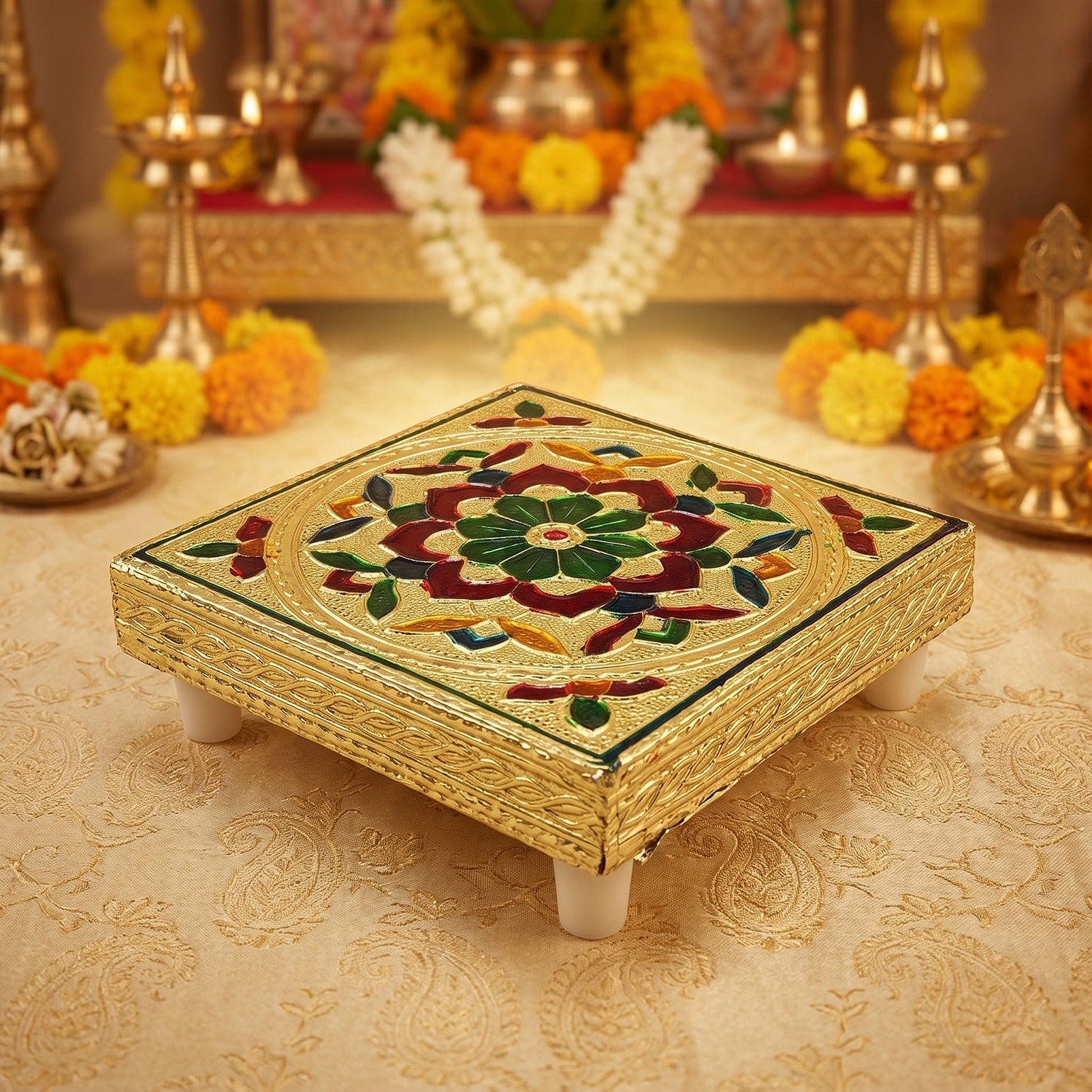 A distinct multicoloured wooden pooja chowki with a unique hand-painted floral pattern on its surface.