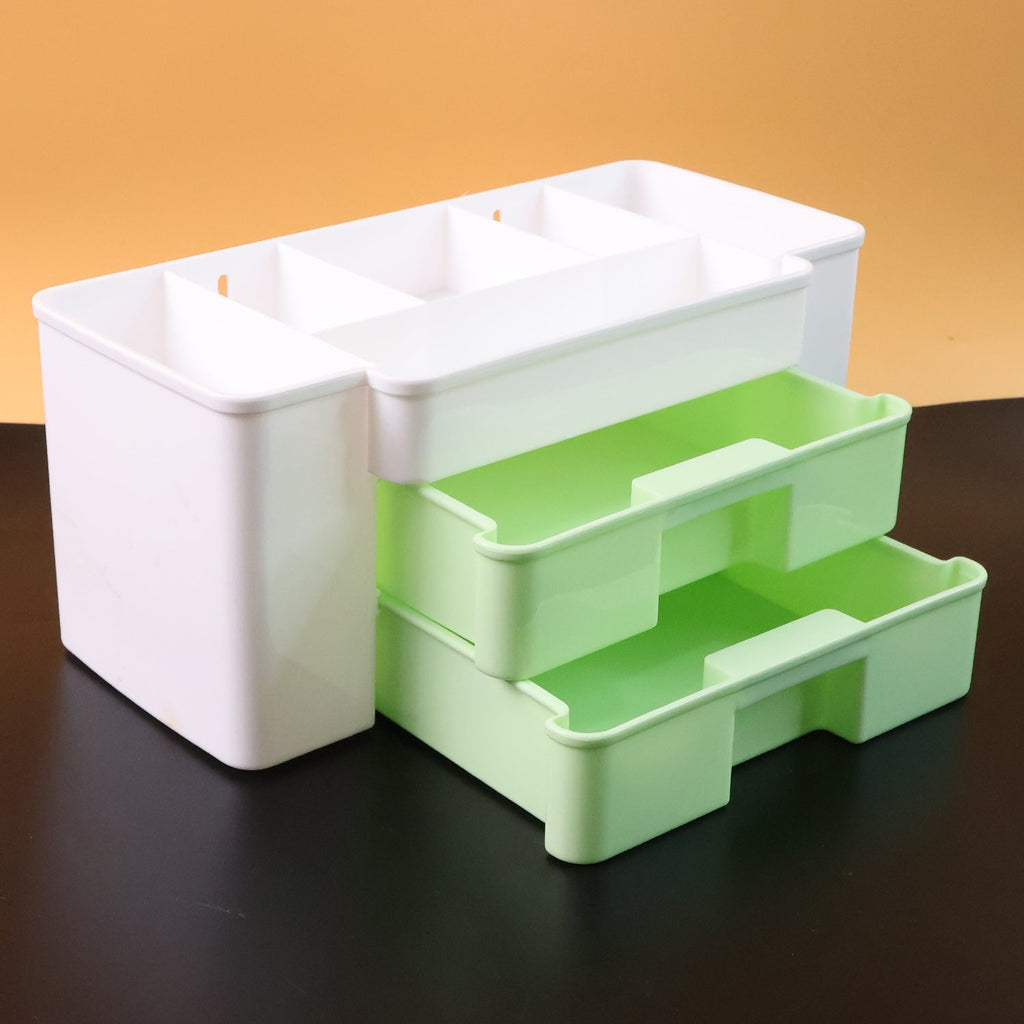 Desktop organizer on a study table, neatly holding pens, notepads, and office supplies.