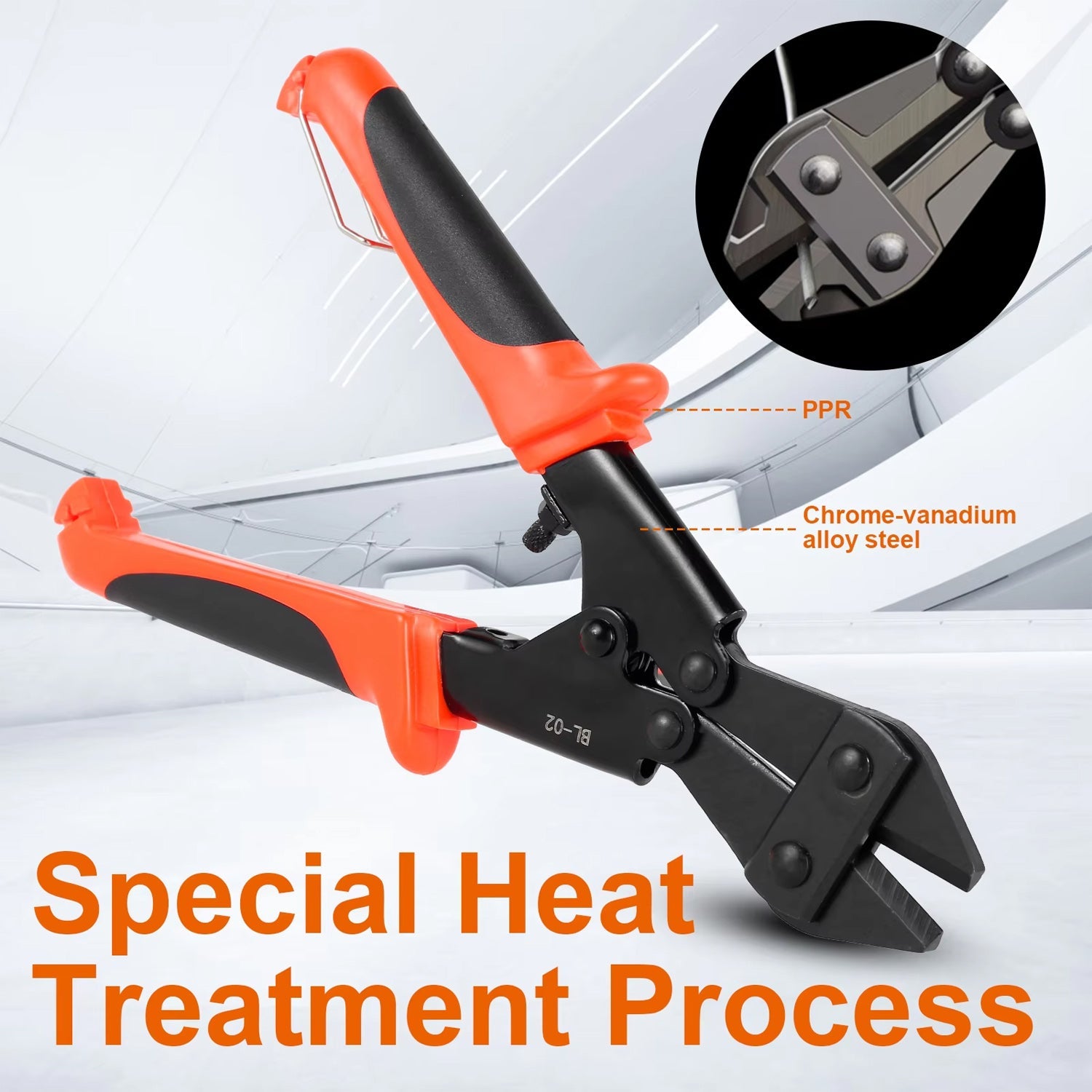Ergonomic rubber grips on the handles of the mini bolt cutter for comfortable use.