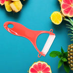 Set of marble-coated stainless steel knives with ergonomic red grips
