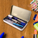 Metal tin box with educational world map print holding geometry tools