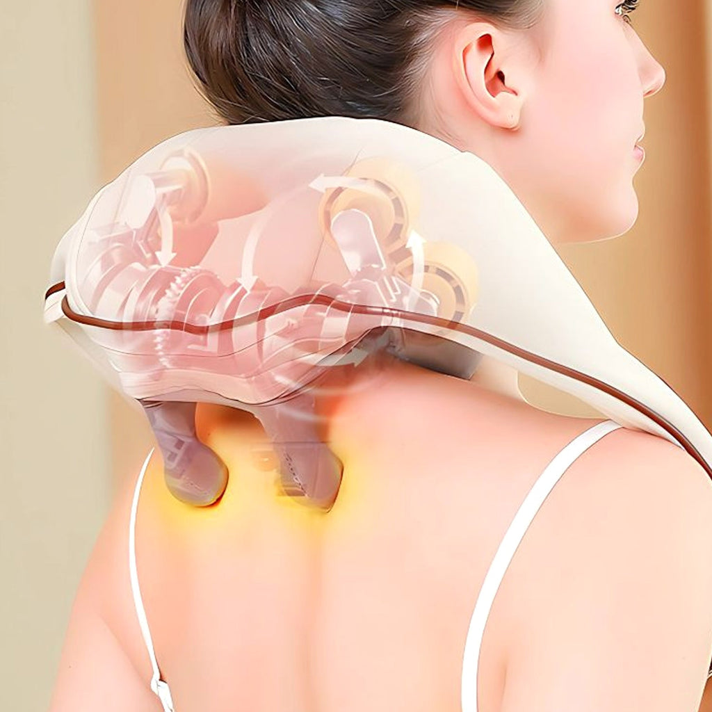 Close-up view of ergonomic cushion on neck and shoulder massager belt