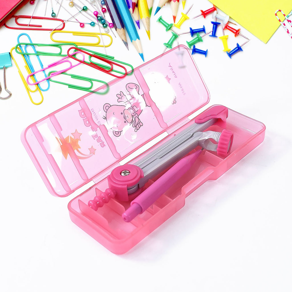 Components of kids geometry compass set including pencil holder
