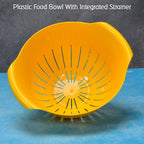 Detailed shot of the integrated strainer feature in the plastic rice washing bowl.