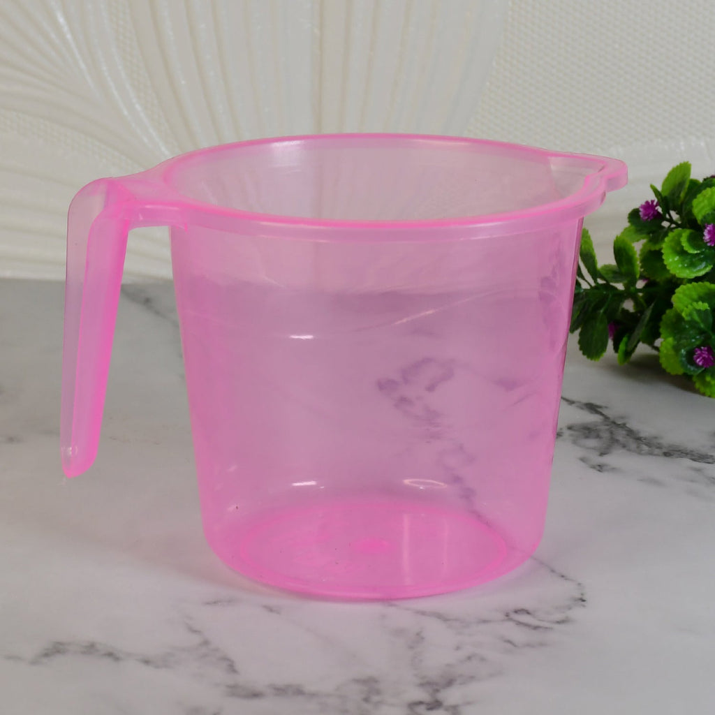 Versatile transparent bath water mug displayed from multiple angles, highlighting its practical design.