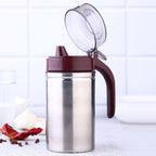 Close-up of the anti-drip small nozzle on the stainless steel oil pourer.