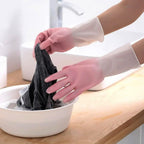 Close-up of anti-slip textured palm on waterproof cleaning gloves