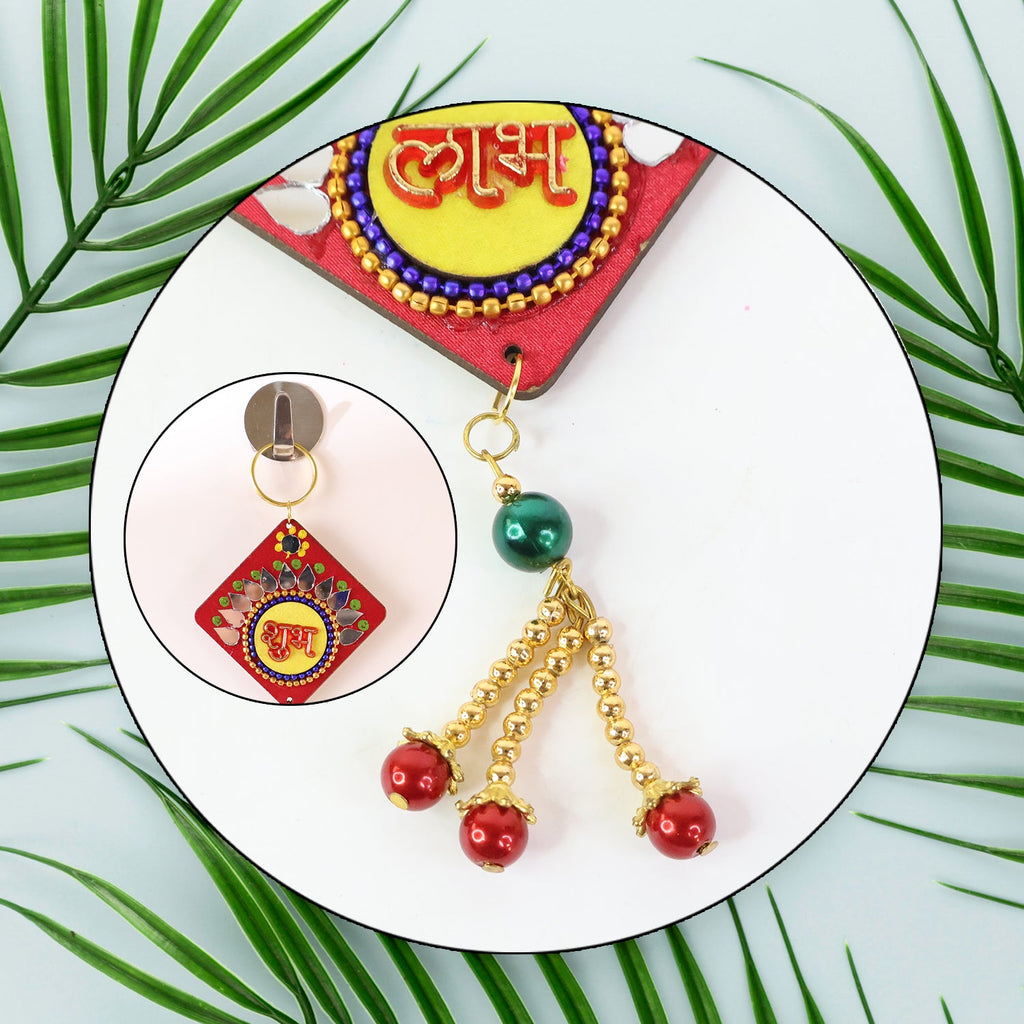 Auspicious Labh Shubh wall hanging showcasing festive religious motifs
