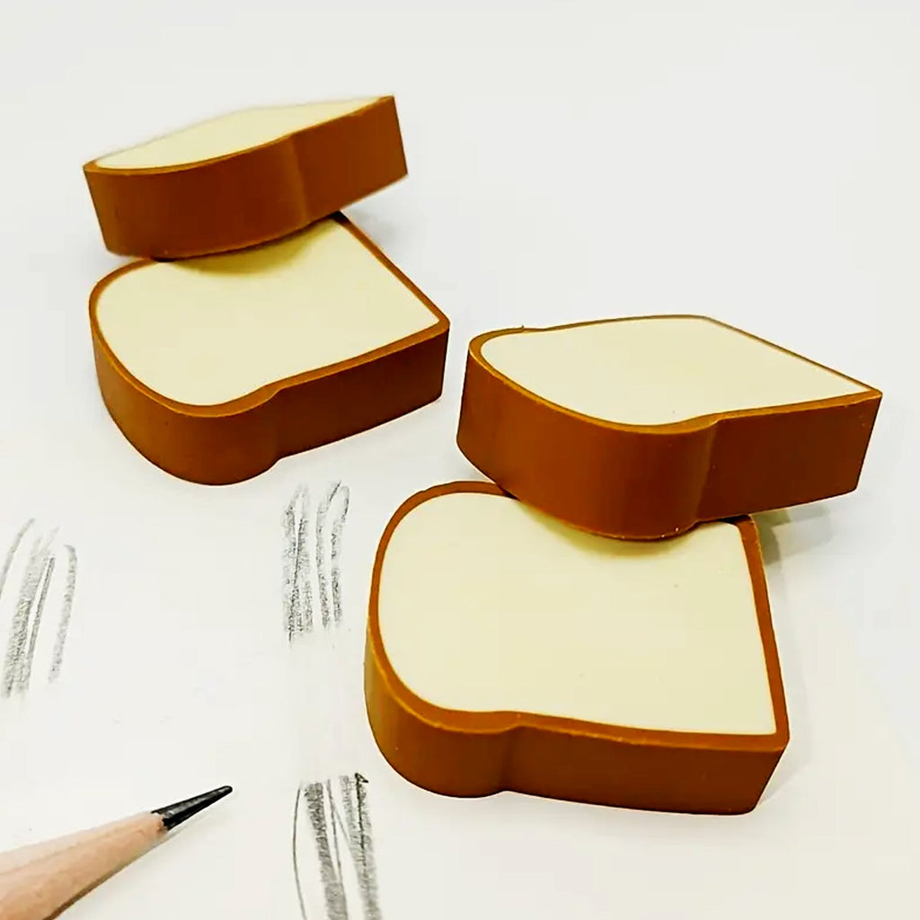 A set of toast bread erasers with a pencil, ready for school use.