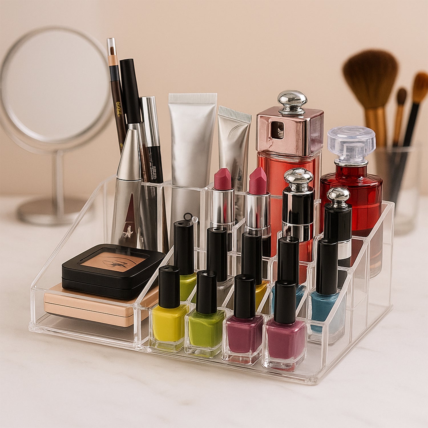 Makeup brushes and lipsticks neatly arranged in acrylic storage compartments