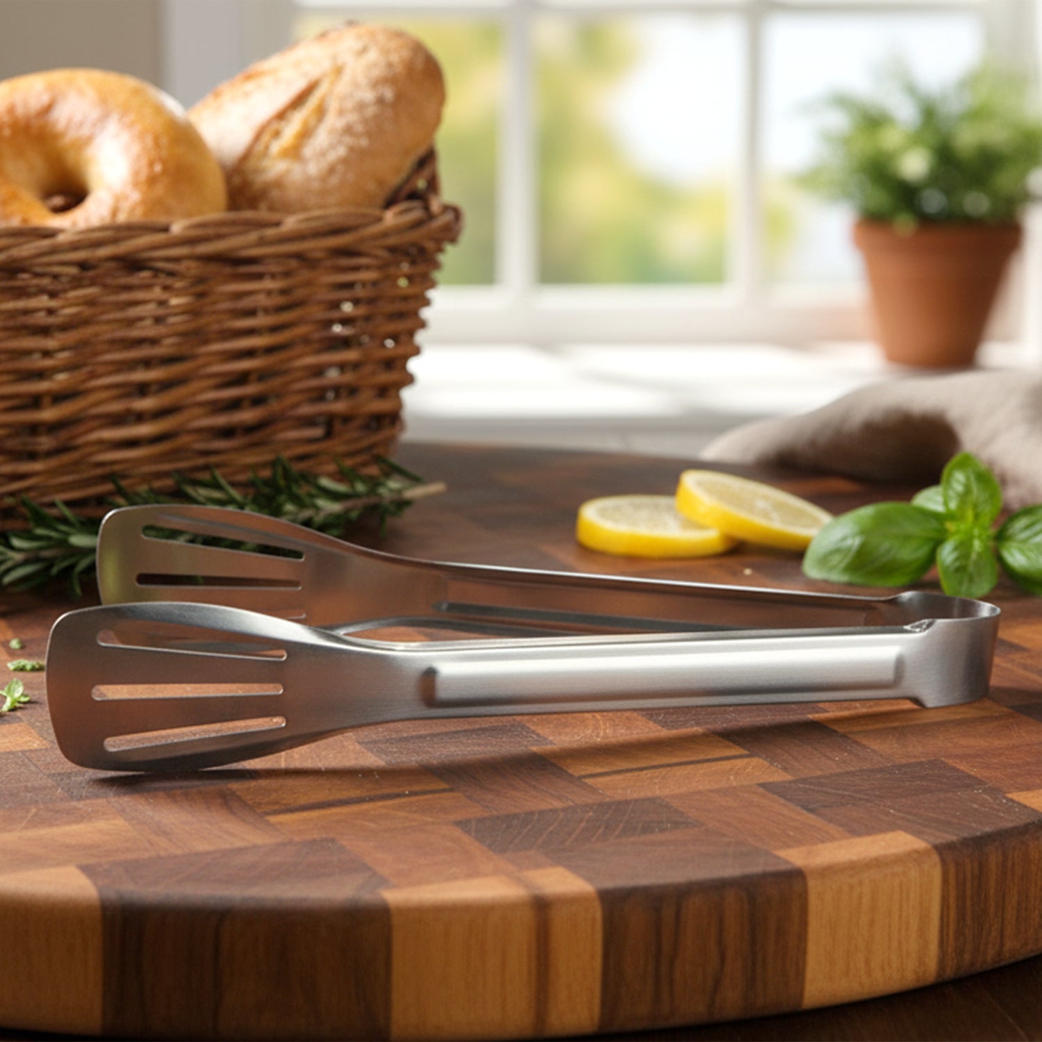 Stainless steel tongs placed on kitchen counter, ready for food service
