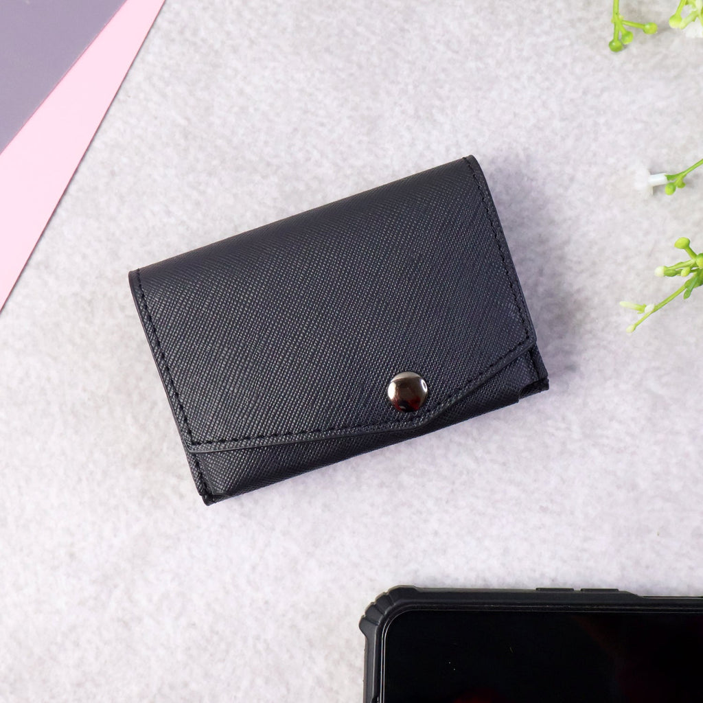 Multi-slot card wallet with secure snap button closure for safe storage