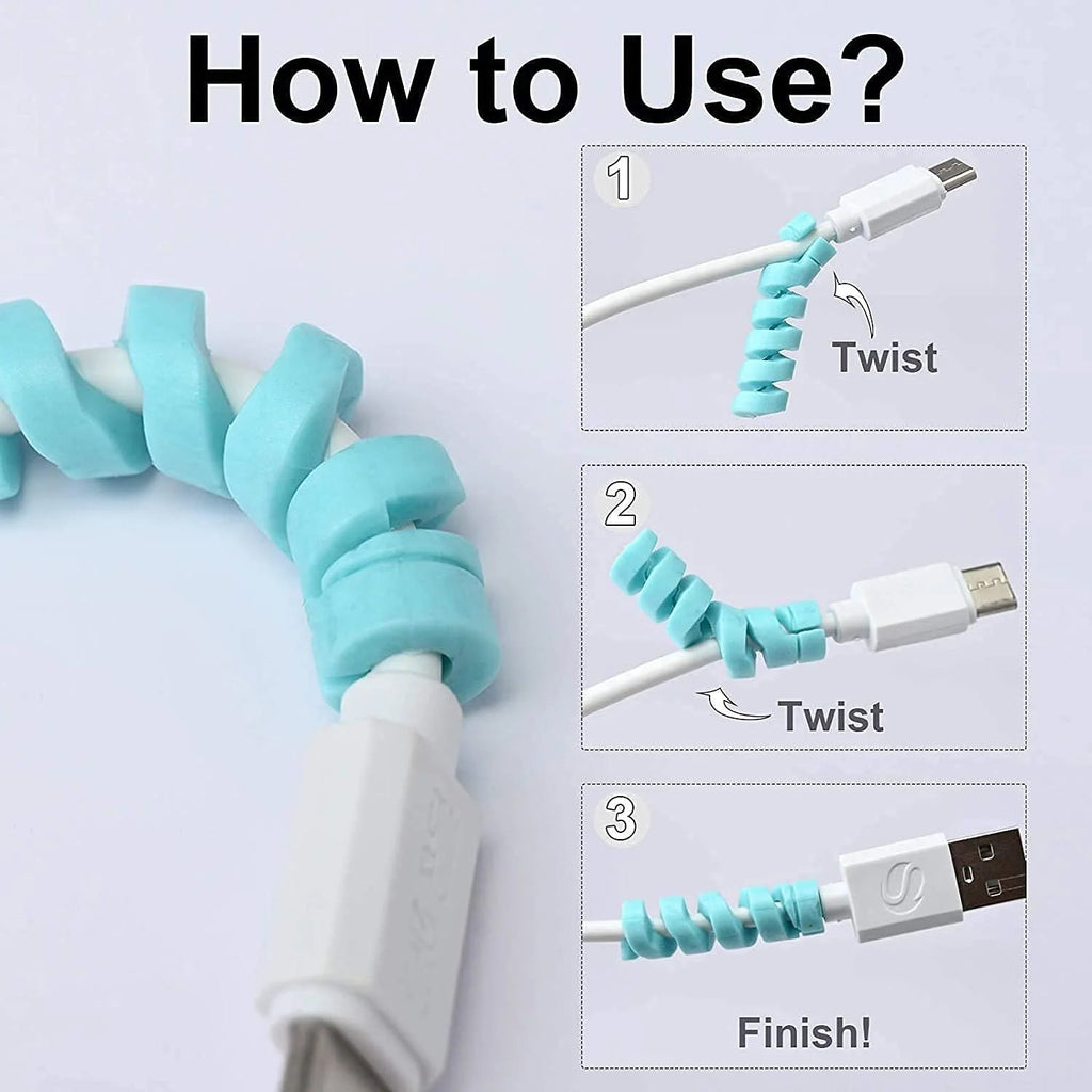 Close-up of a spiral cable protector effectively applied to charging cables.