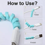 Close-up of a spiral cable protector effectively applied to charging cables.