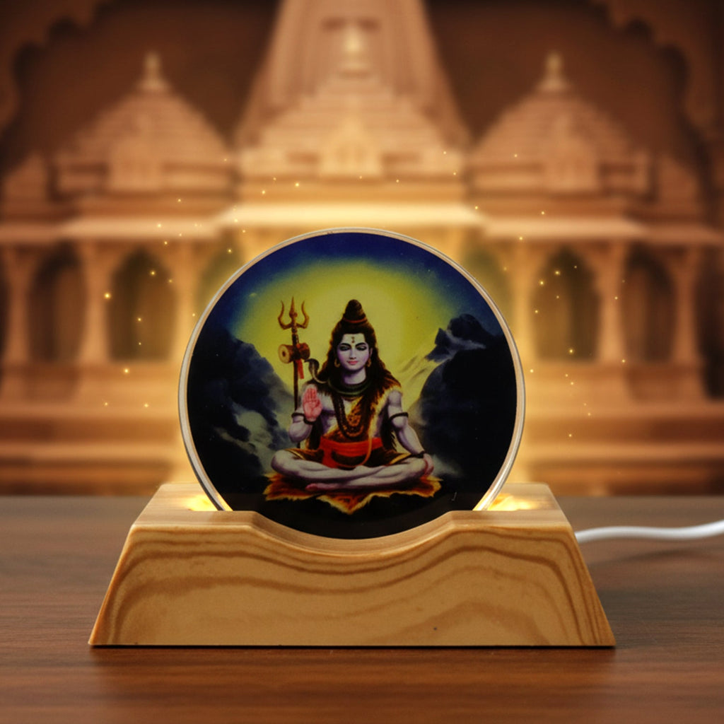 Decorative LED light featuring Lord Shiva artwork on wooden base