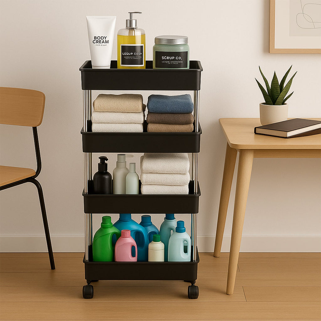 Alternate angle of  movable storage rack trolley showing wheels and trays