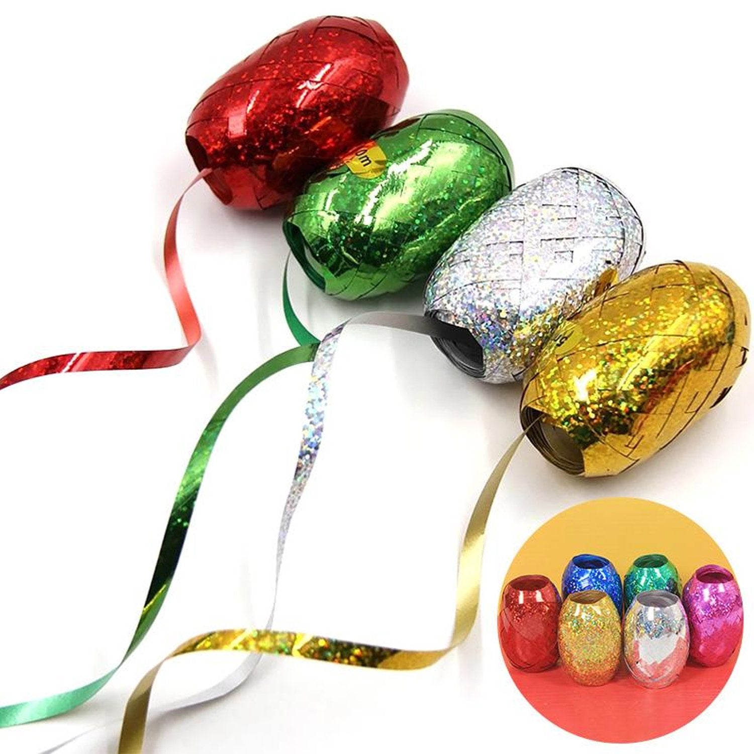 Close-up of a hand curling a balloon ribbon, showing its decorative effect.