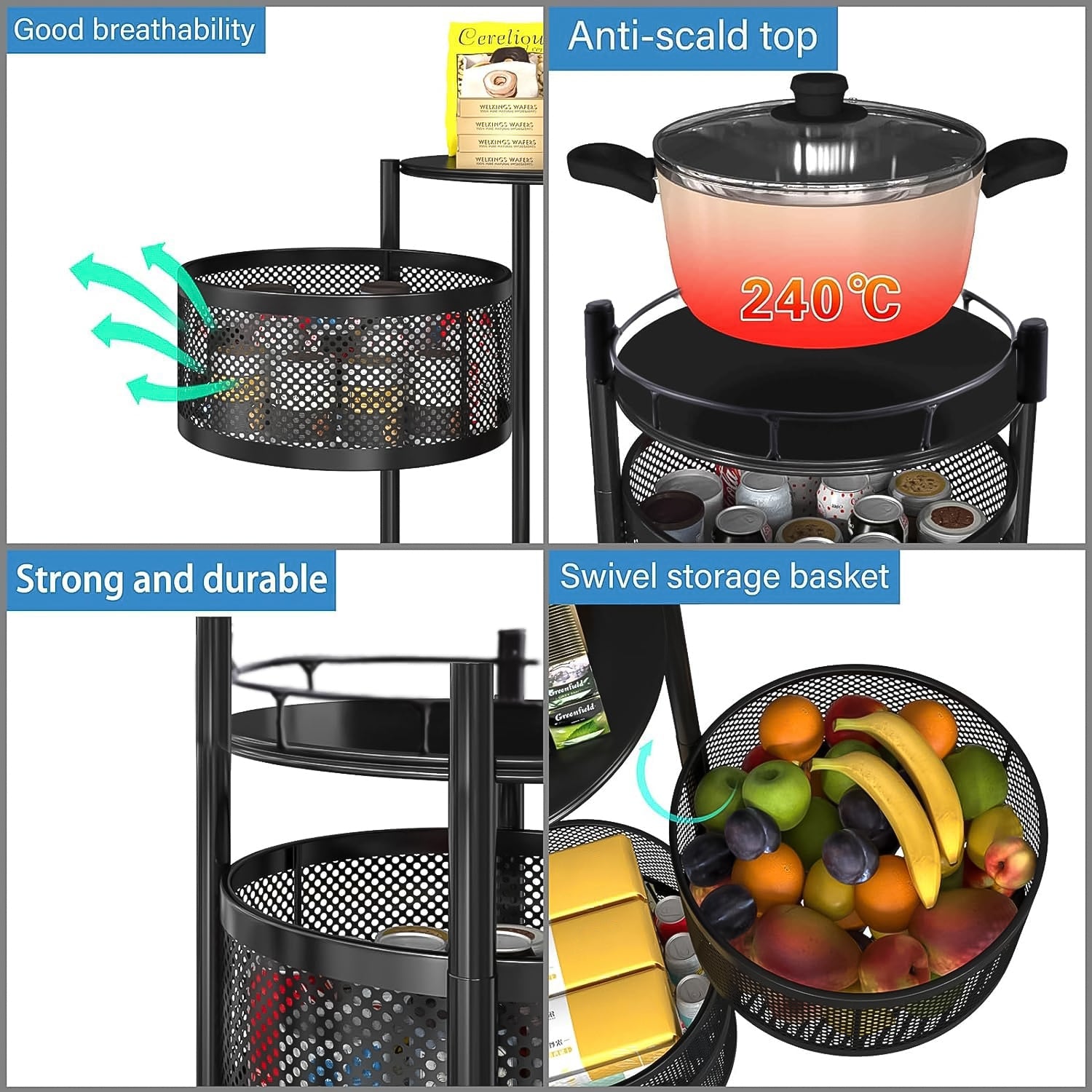 360-degree rotating mesh basket of the metal kitchen trolley for ventilation