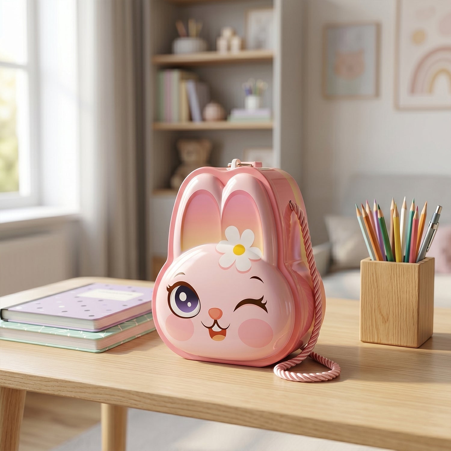 Close-up of pink bunny coin bank made of metal with lock mechanism