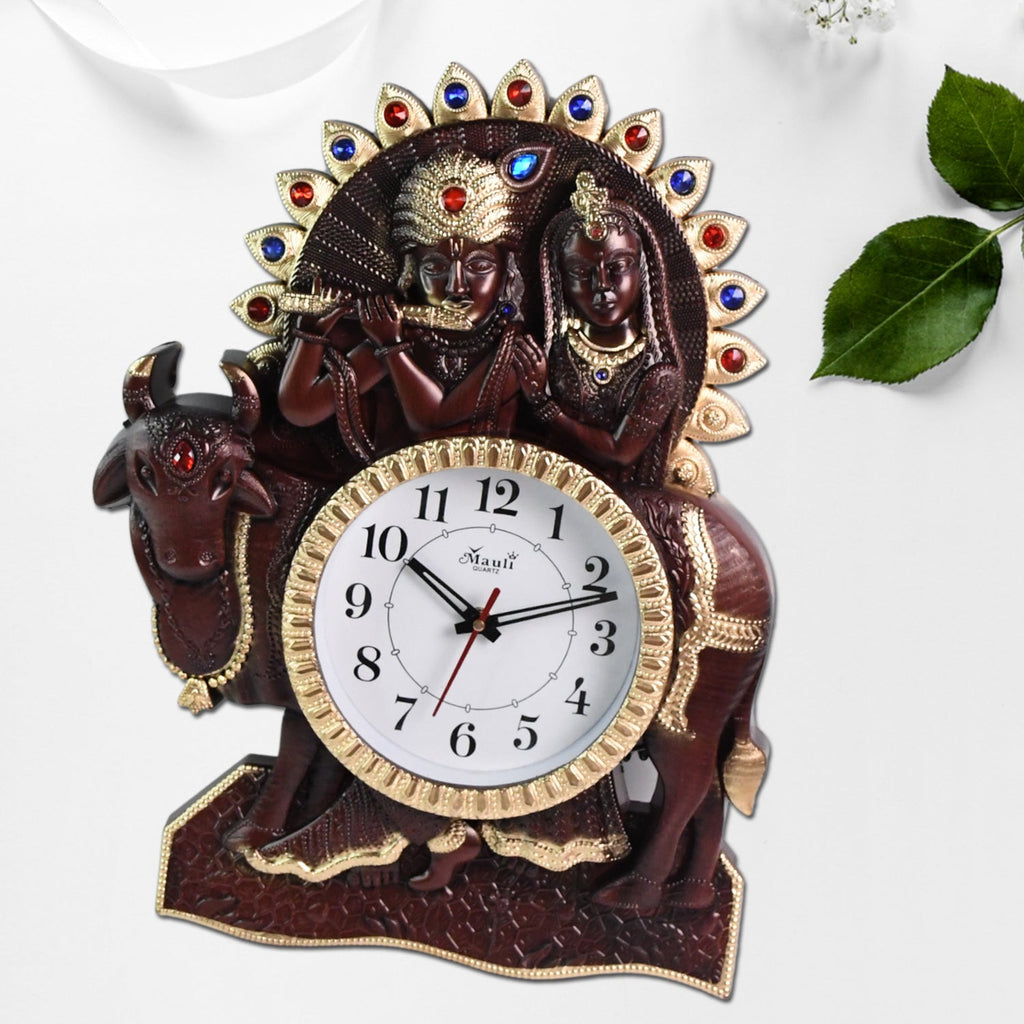 Close up of stylish Radha Kishan analog wall clock showing detailed design