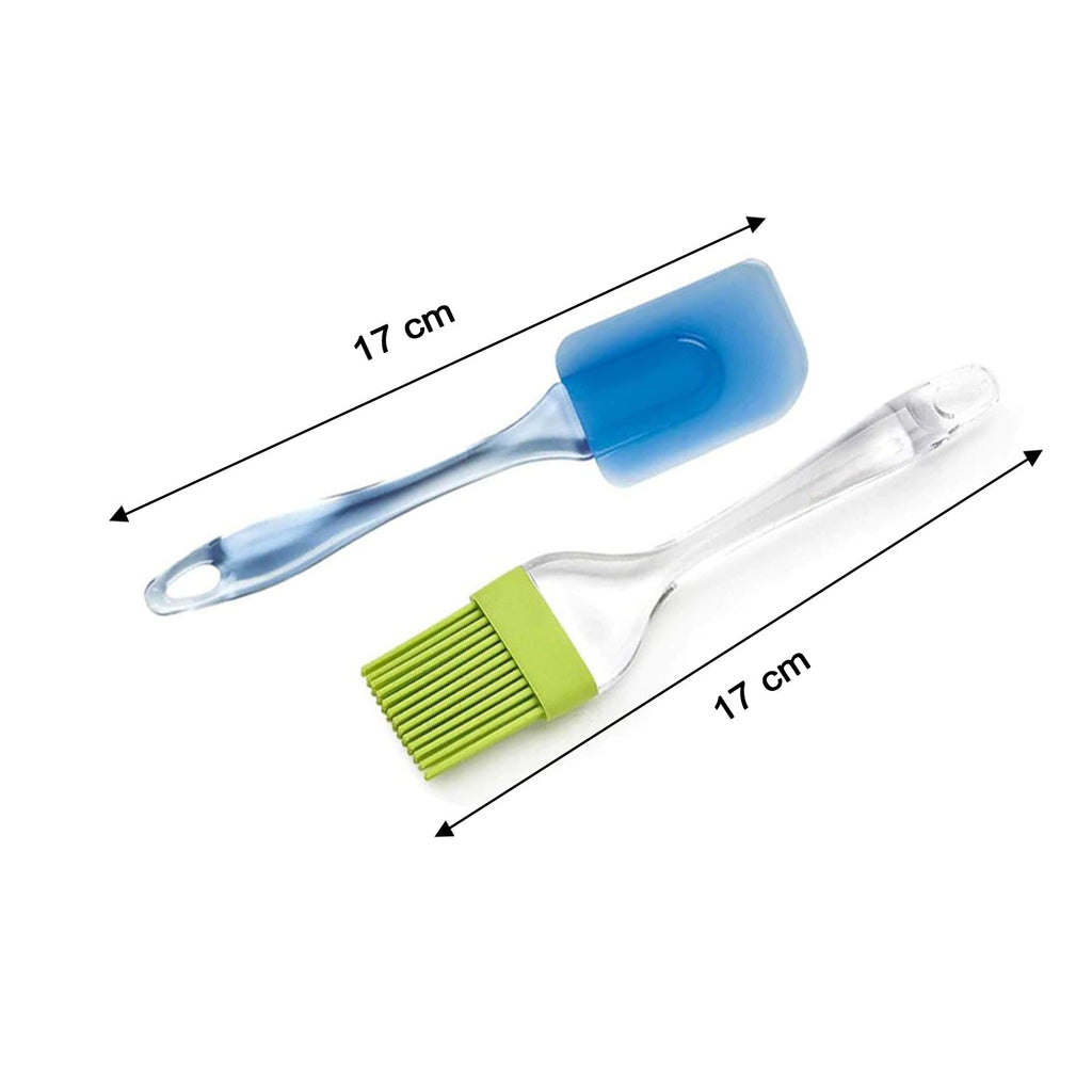 Flexible silicone spatula for scraping bowls and pans cleanly.