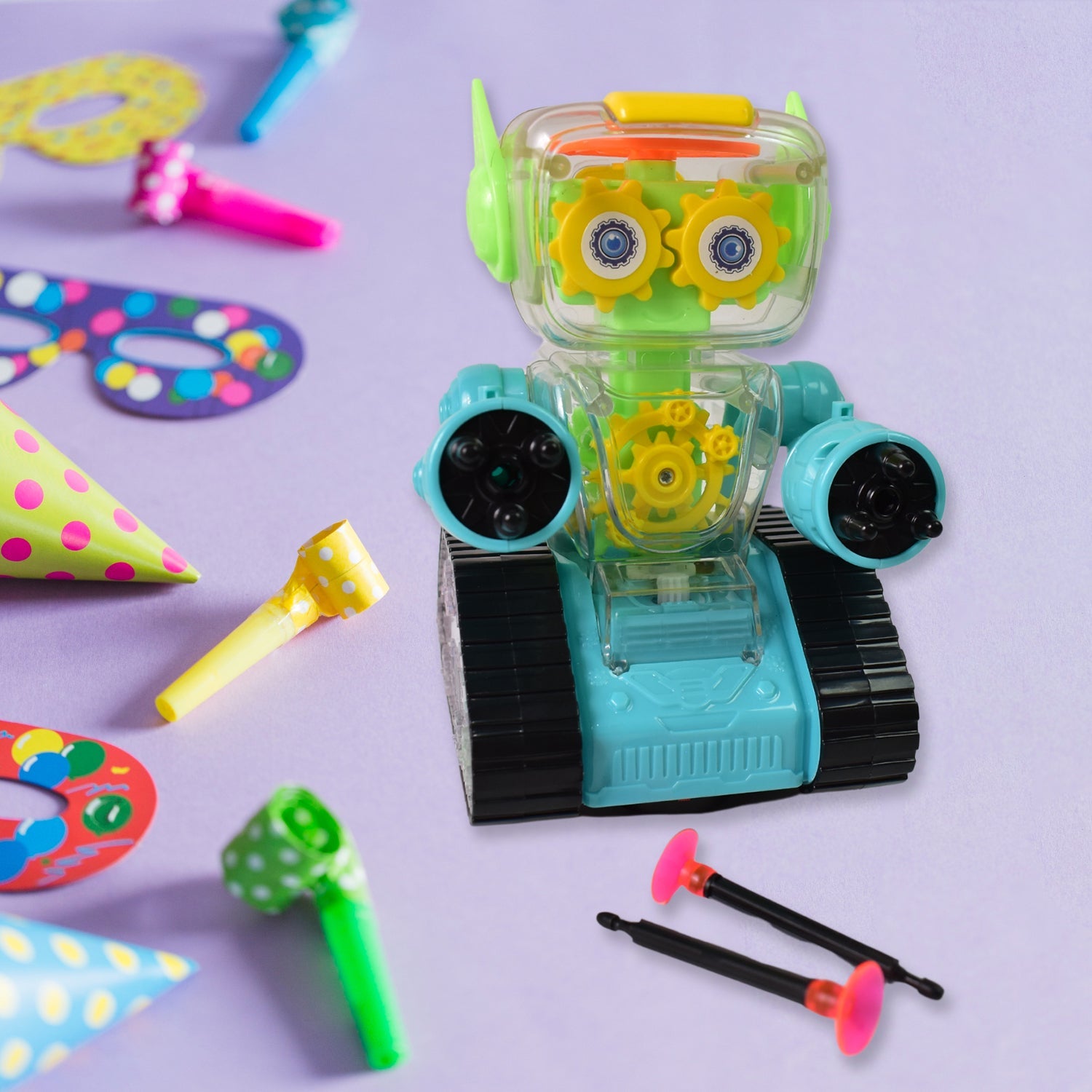 Transparent gear robot car with visible colorful moving gears and bright lights, designed for kids.