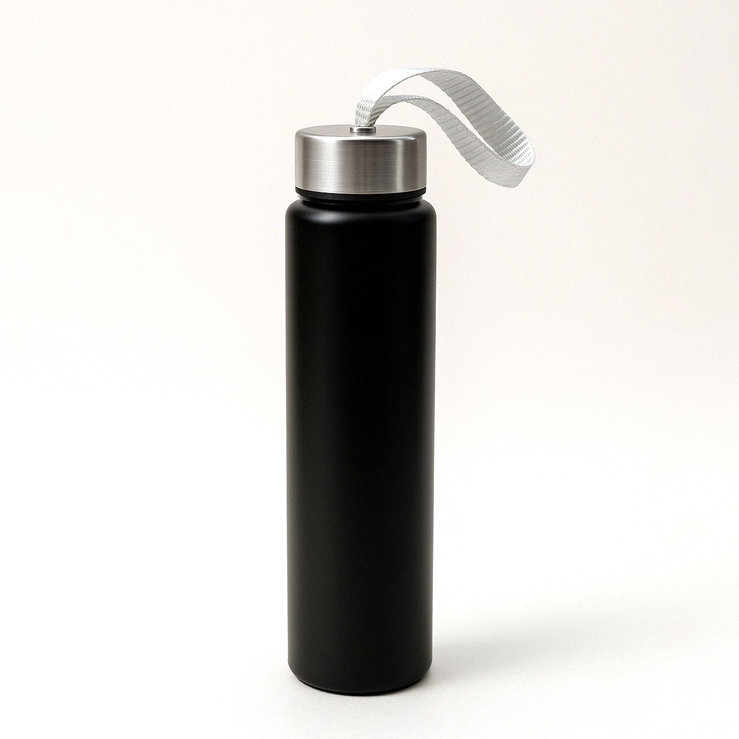Lightweight stainless steel water bottle with attached strap for portability