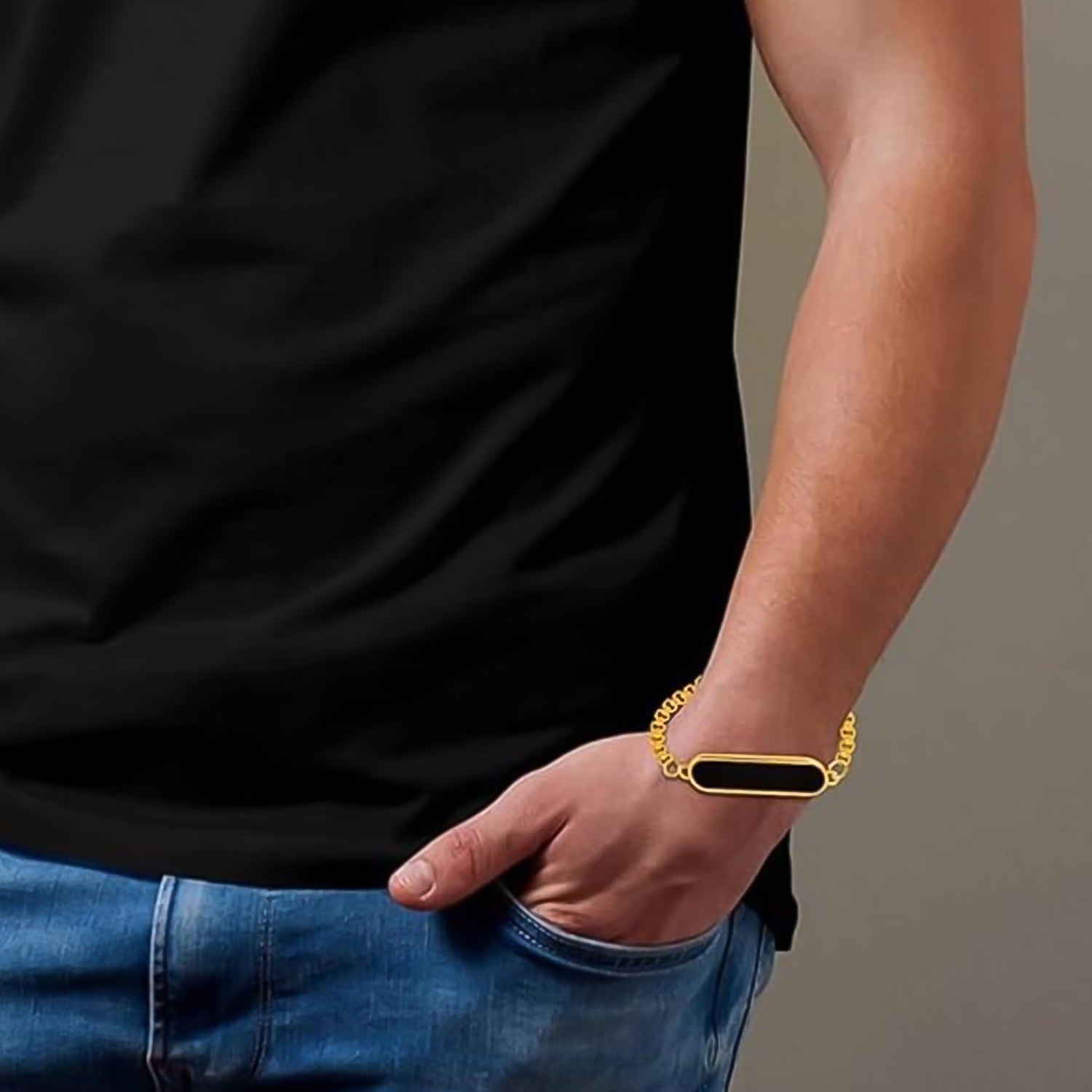Customized Golden Bracelet displayed on a hand.
