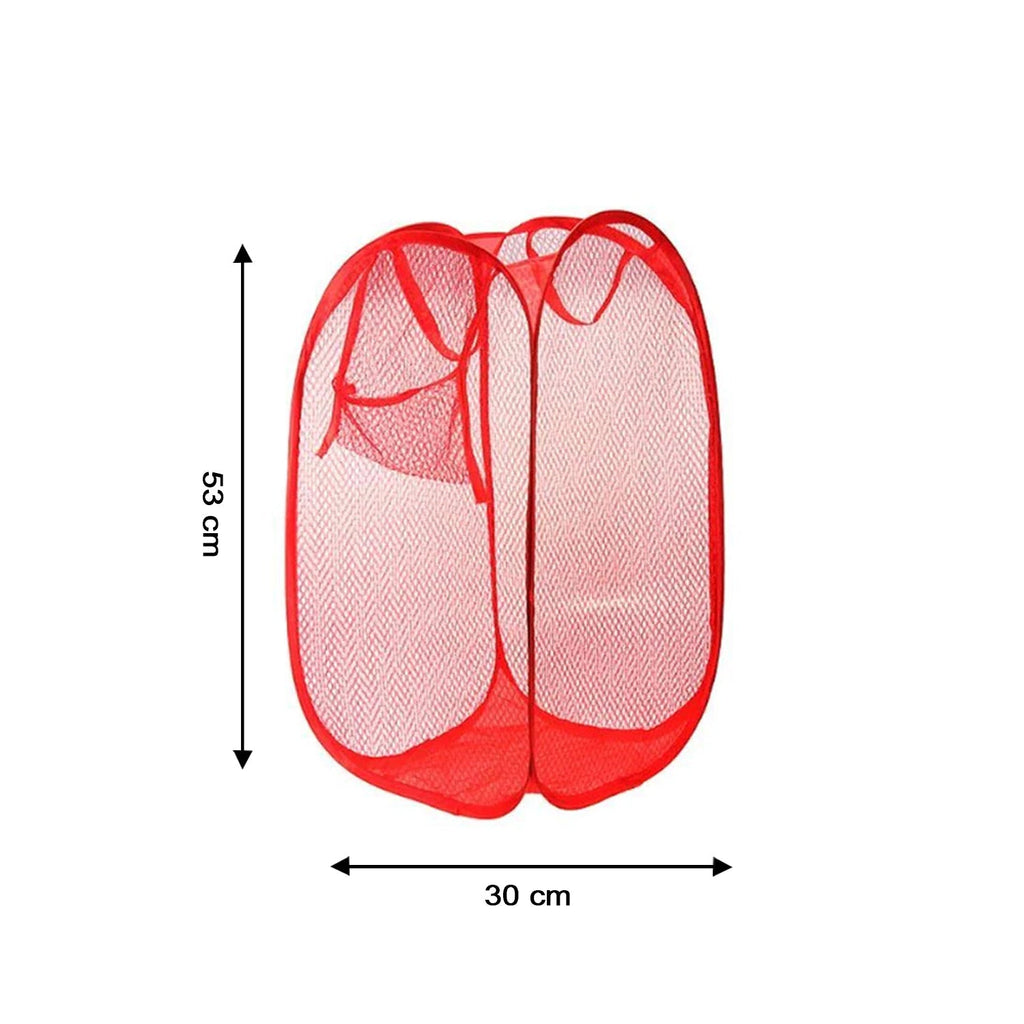 Ventilated mesh clothes basket holding a pile of laundry.